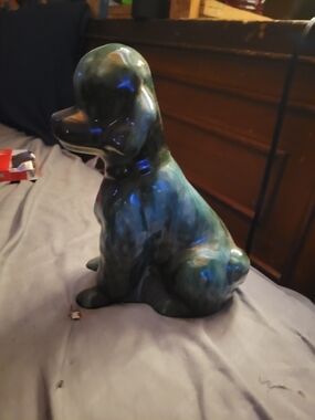 Ceramic Glazed Sitting Dog Figurine in Blue-Green